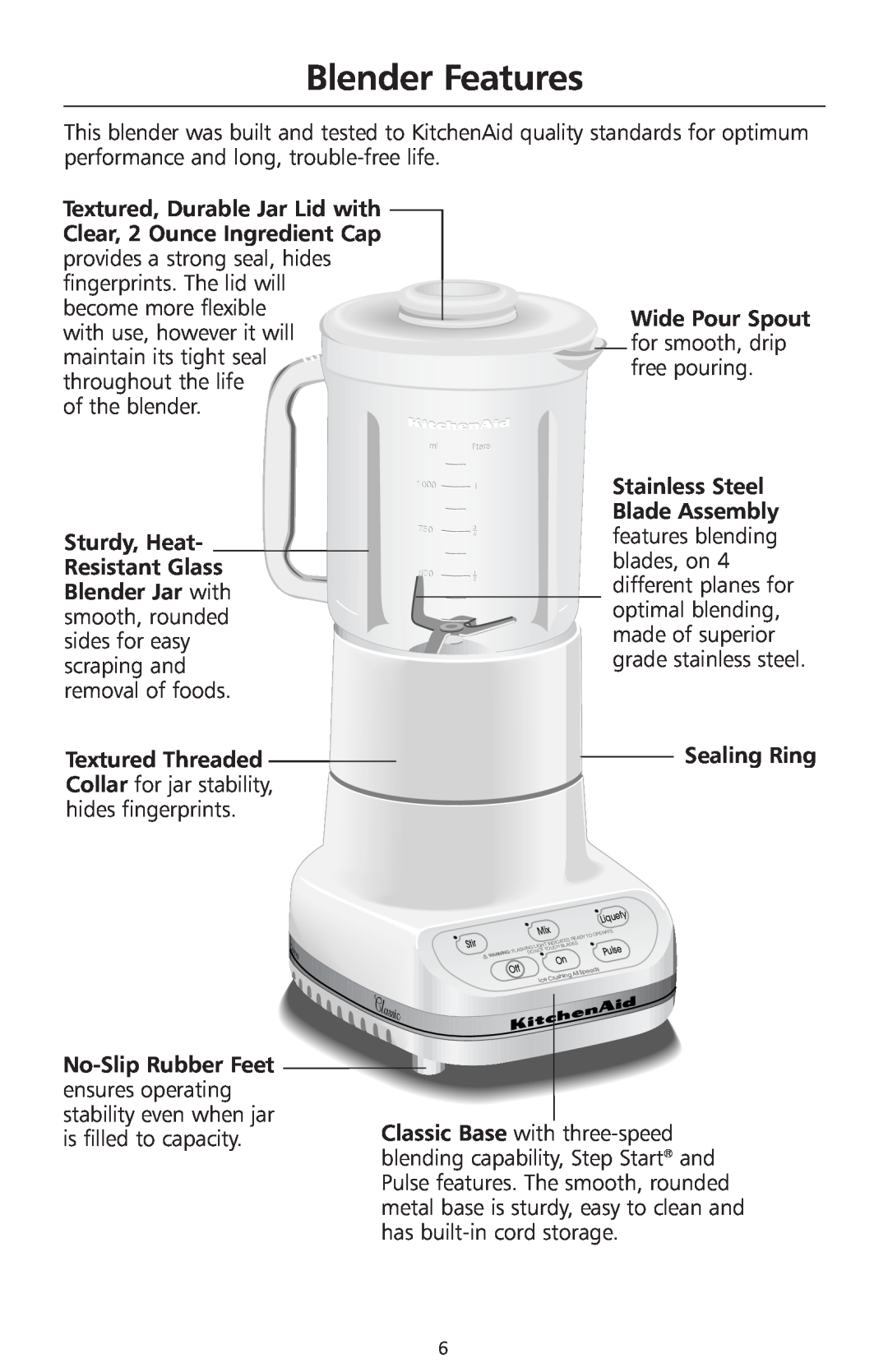 KitchenAid 3 Speed Classic Blender manual Blender Features 