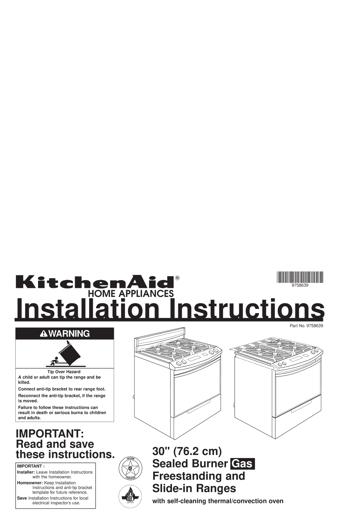 KitchenAid 30 (76.2 cm) installation instructions Installation Instructions 