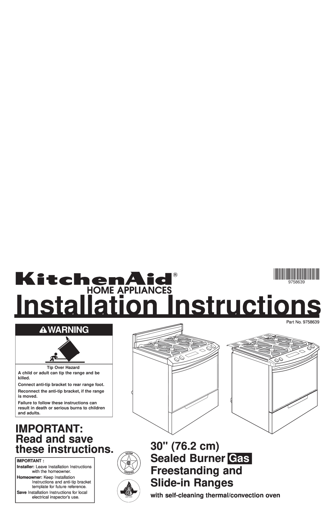KitchenAid 30" (76.2 cm) installation instructions with self-cleaningthermal/convection oven, Installation Instructions 