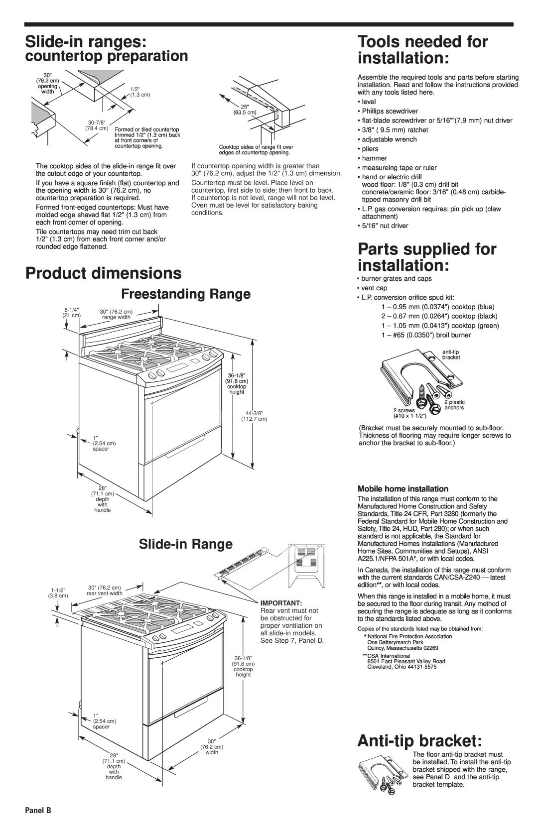 KitchenAid 30" (76.2 cm) Slide-inranges, Tools needed for installation, Product dimensions, Anti-tipbracket, Panel B 