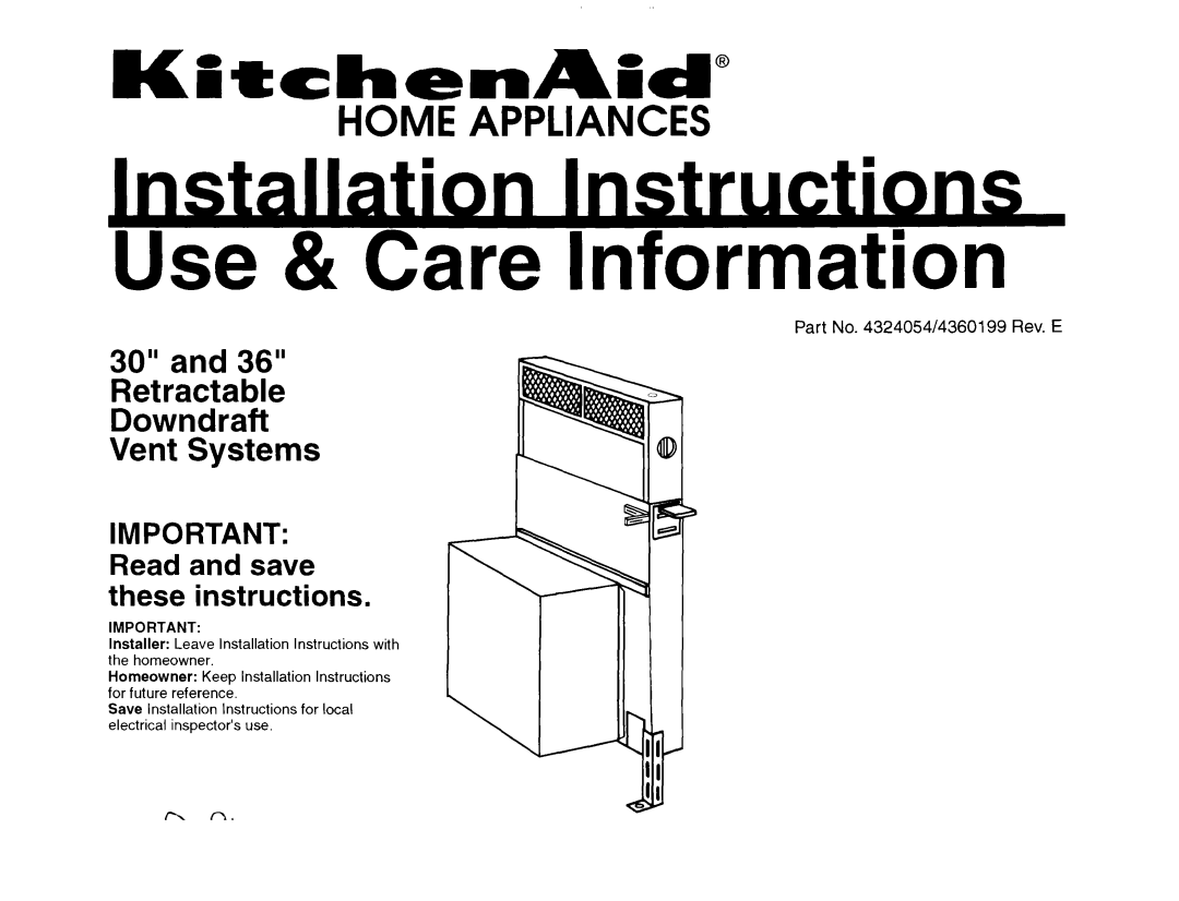 KitchenAid 30 and 36 Retractable Downdraft Vent Systems installation instructions Part No /4360199 Rev. E 