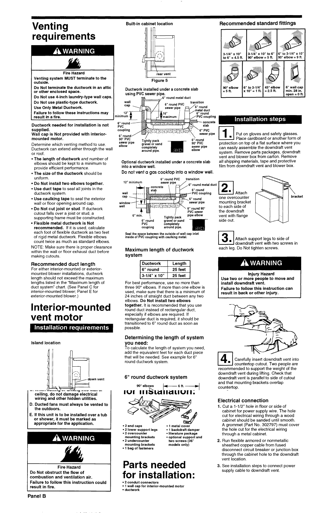 KitchenAid 30 and 36 Retractable Downdraft Vent Systems Recommended Standard fittings, Recommended duct length, Panel C 