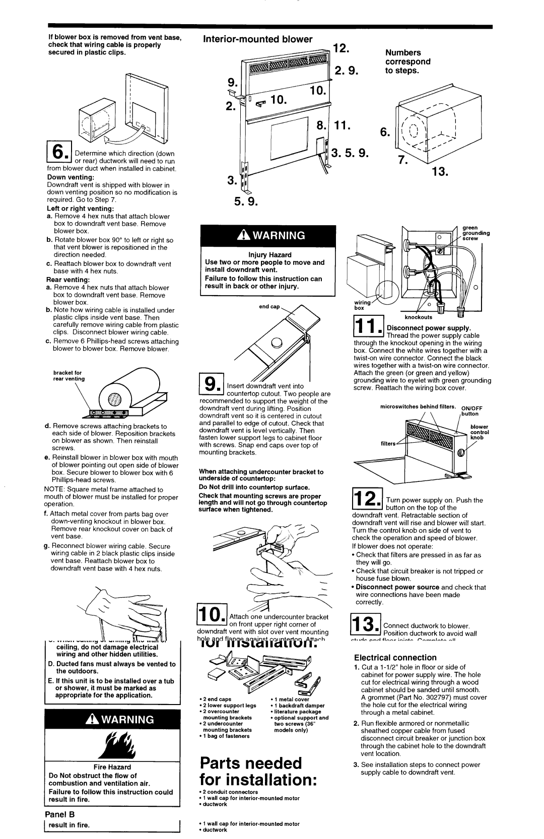 KitchenAid 30 and 36 Retractable Downdraft Vent Systems installation instructions Interior-mounted blower, Panel D 