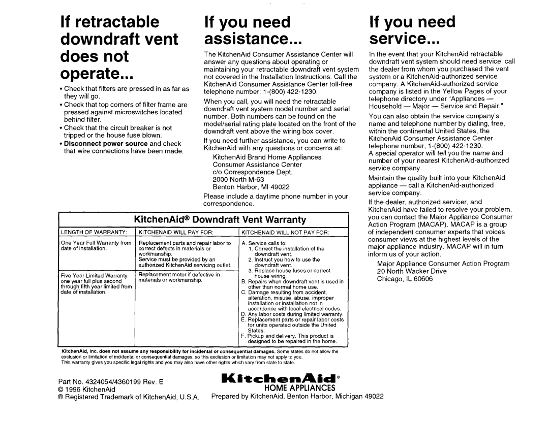 KitchenAid 30 and 36 Retractable Downdraft Vent Systems If retractable downdraft vent does not operate 