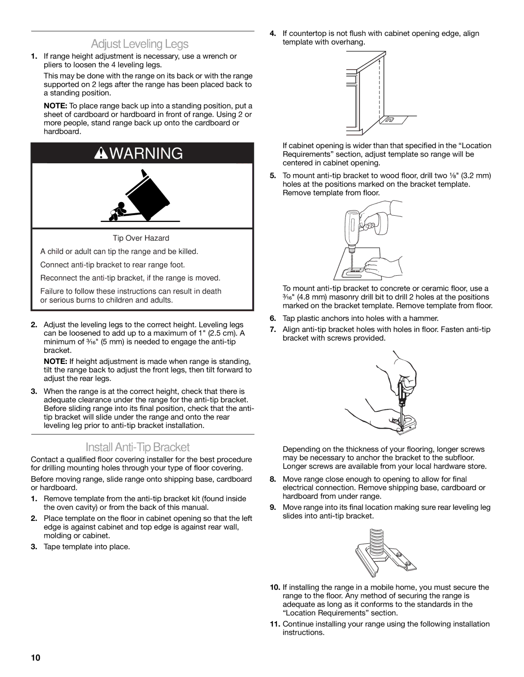 KitchenAid 30(76, 2 CM) installation instructions AdjustLevelingLegs, InstallAnti-TipBracket 