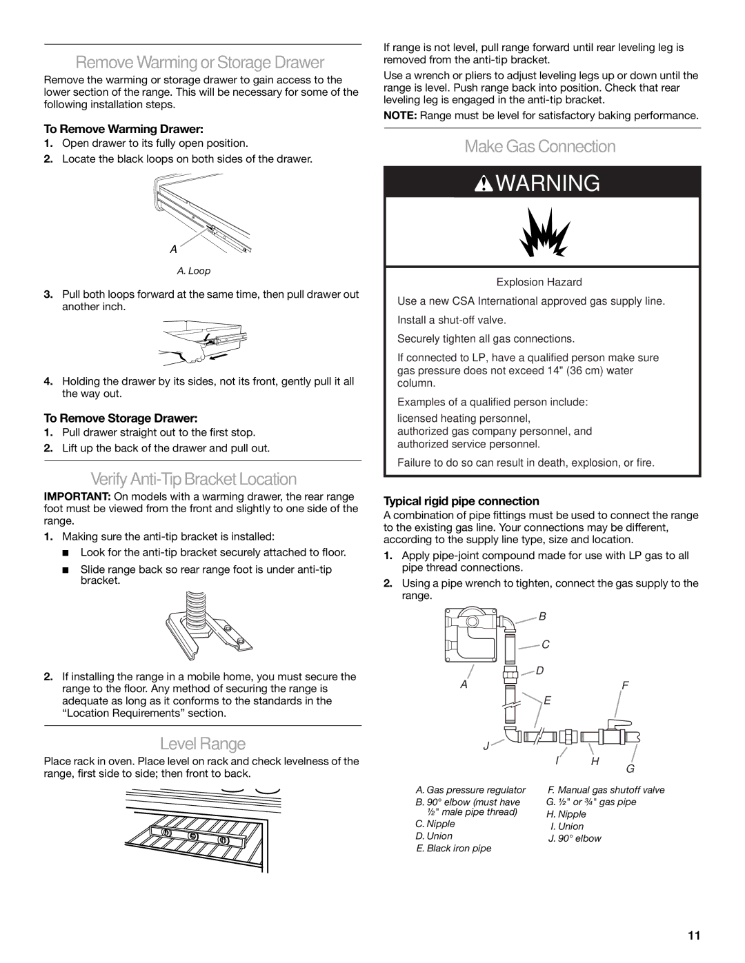 KitchenAid 2 CM), 30(76 RemoveWarmingorStorageDrawer, VerifyAnti-TipBracketLocation, MakeGasConnection, LevelRange 