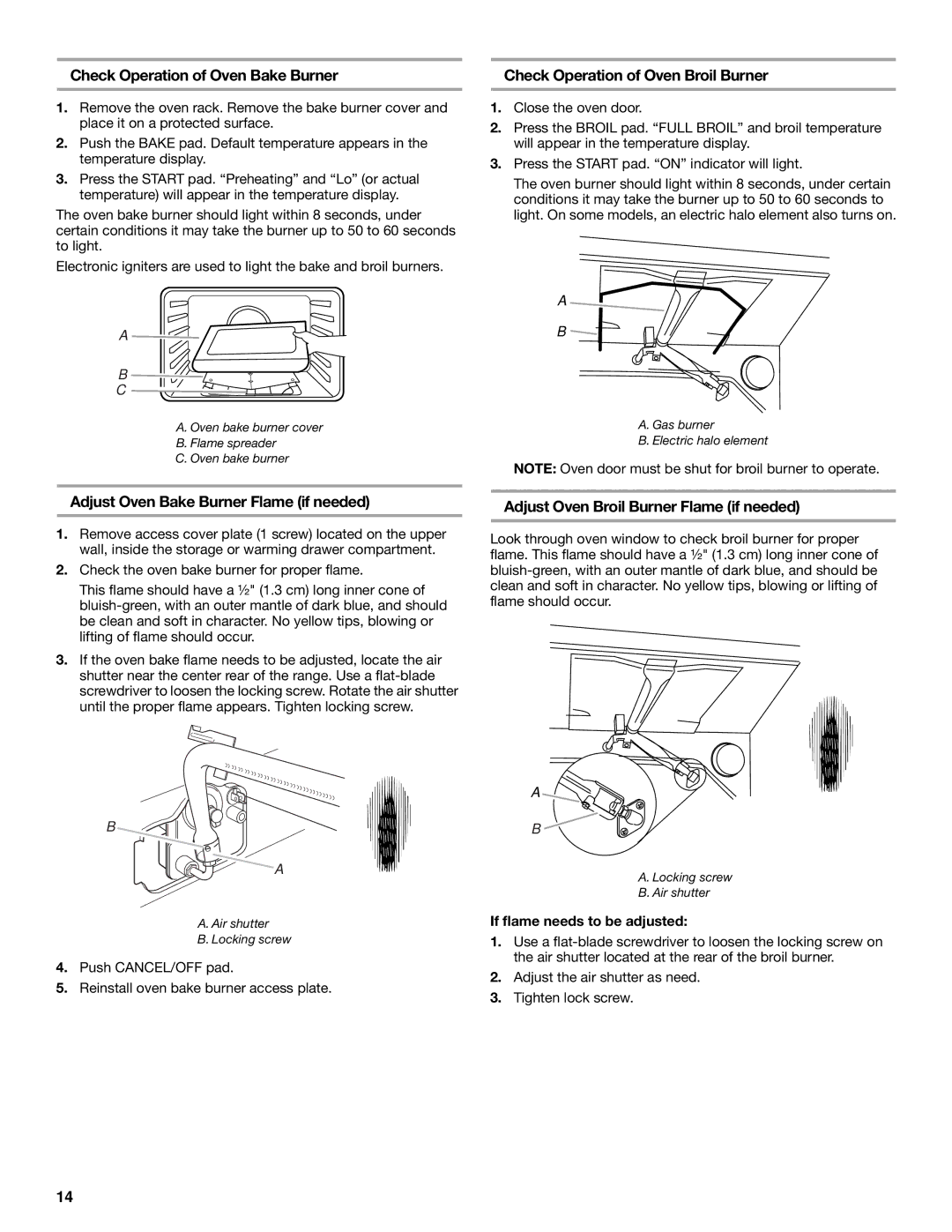 KitchenAid 30(76 Check Operation of Oven Bake Burner, Check Operation of Oven Broil Burner, If flame needs to be adjusted 