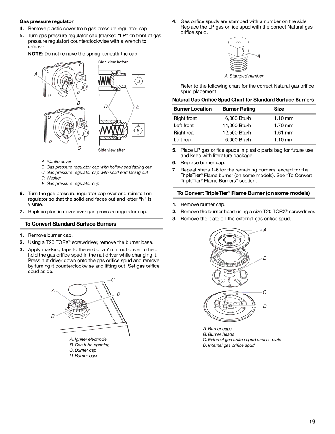 KitchenAid 2 CM), 30(76 installation instructions To Convert TripleTier Flame Burner on some models, Gas pressure regulator 