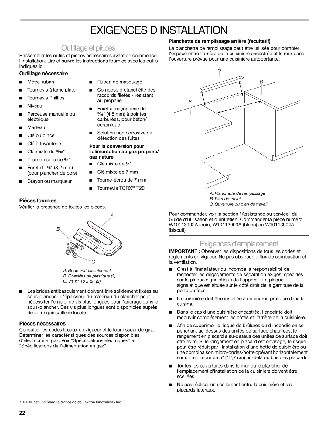 KitchenAid 30(76, 2 CM) installation instructions Exigences D’INSTALLATION, Outillageetpièces, Exigencesdemplacement 