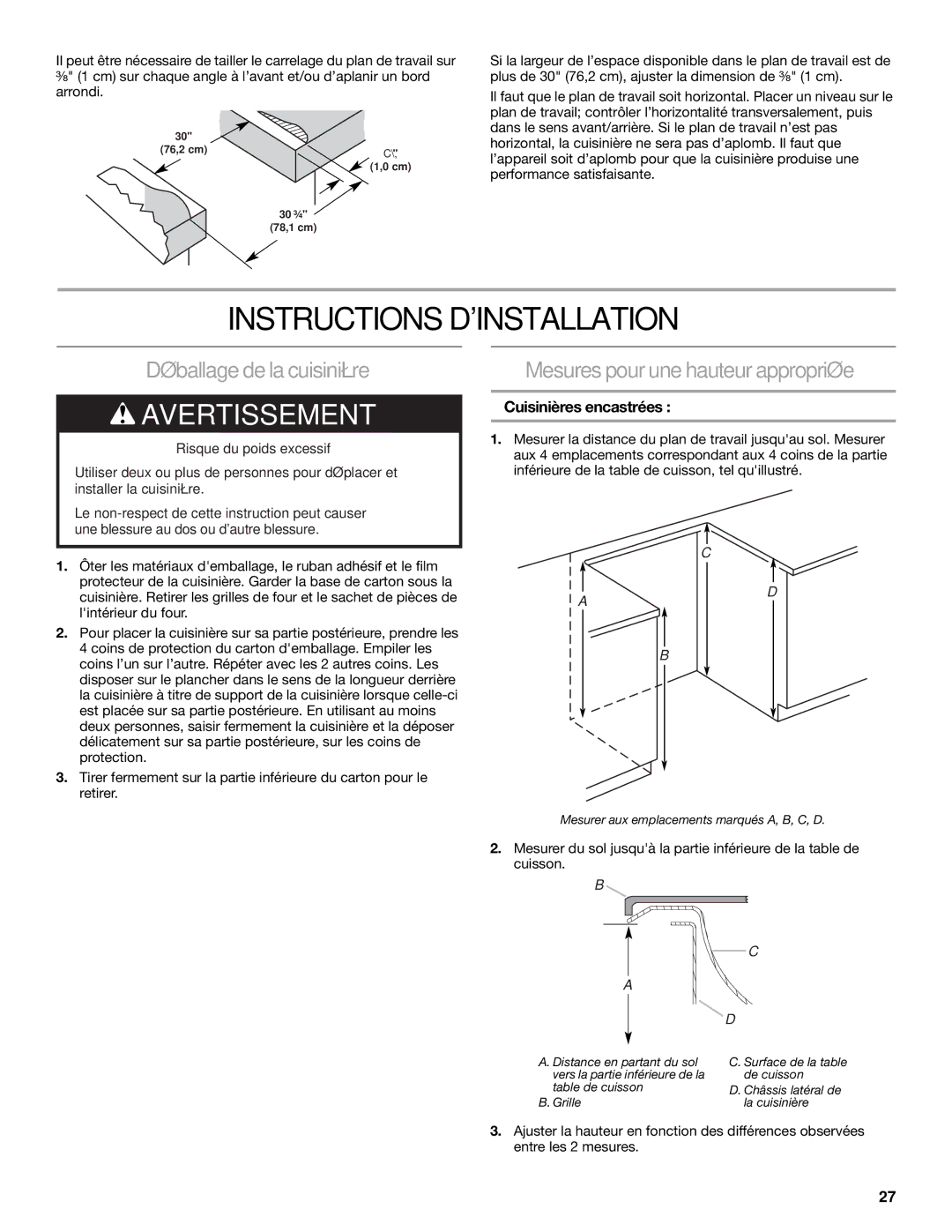 KitchenAid 2 CM), 30(76 Instructions Dinstallation, Déballage de la cuisinière, Mesurespourunehauteurappropriée 