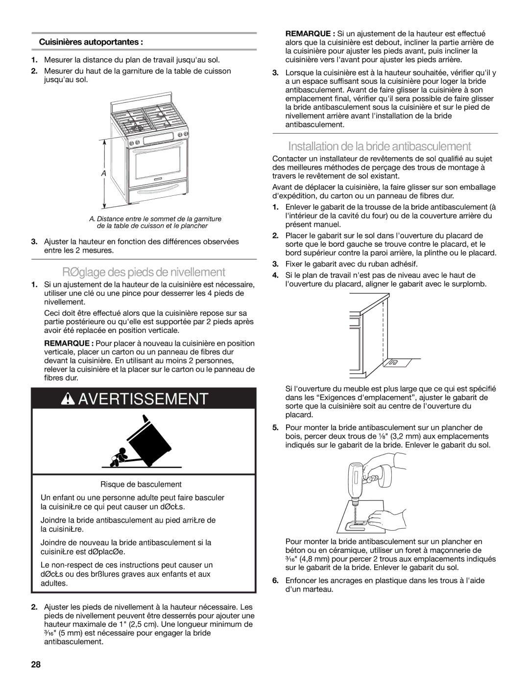 KitchenAid 30(76, 2 CM) installation instructions Réglagedespiedsdenivellement, Installationde labrideantibasculement 