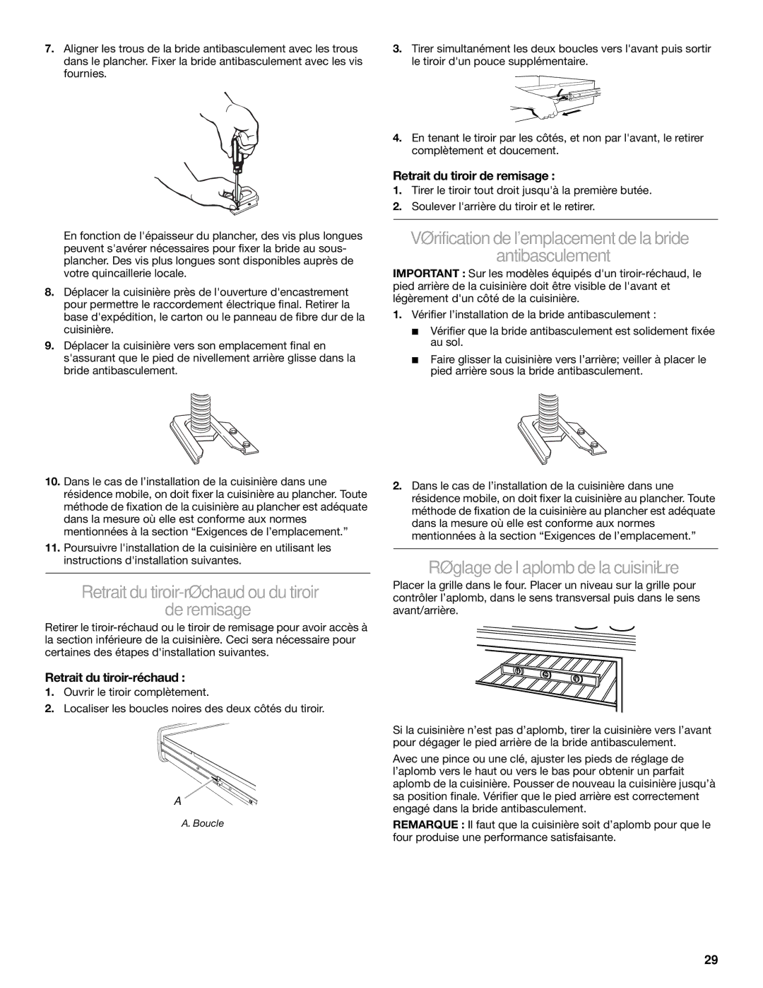 KitchenAid 2 CM) Retrait dutiroir-réchaudoudutiroir De remisage, Vérificationdelemplacementdela bride Antibasculement 