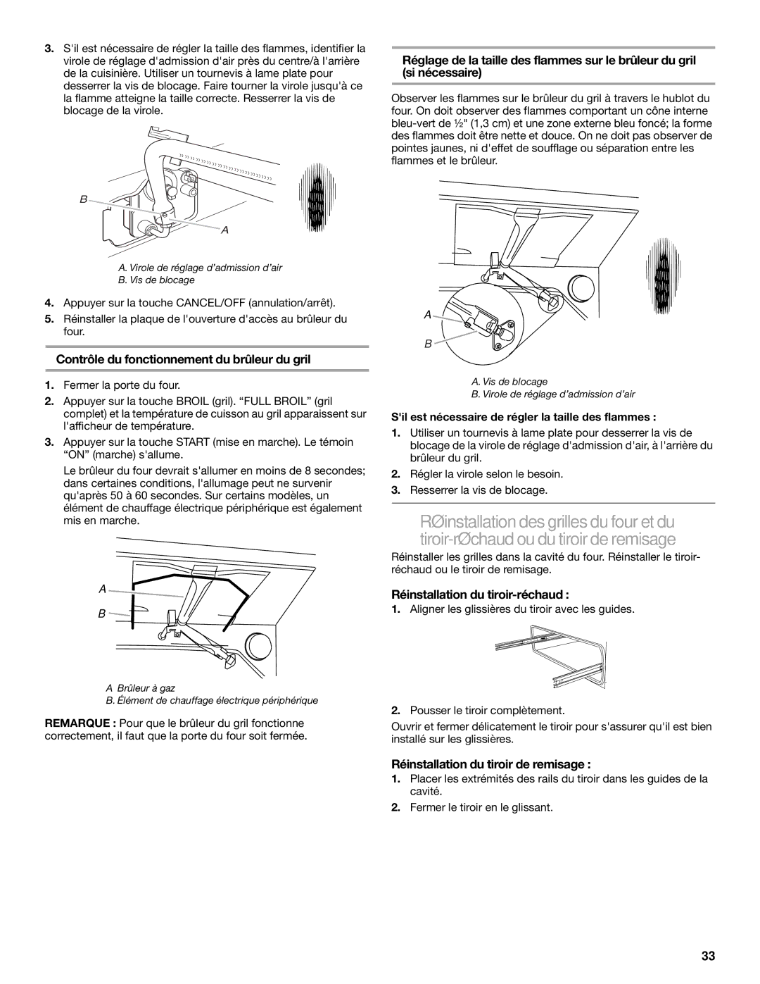 KitchenAid 2 CM), 30(76 Contrôle du fonctionnement du brûleur du gril, Réinstallation du tiroir-réchaud 