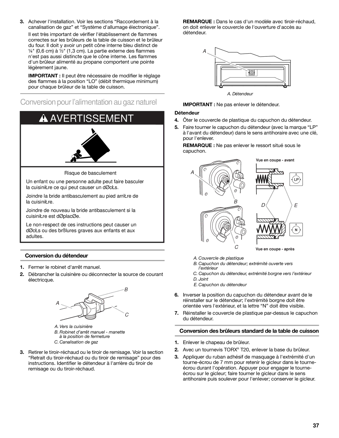 KitchenAid 2 CM), 30(76 installation instructions Conversionpour lalimentationau gaznaturel, Conversion du détendeur 