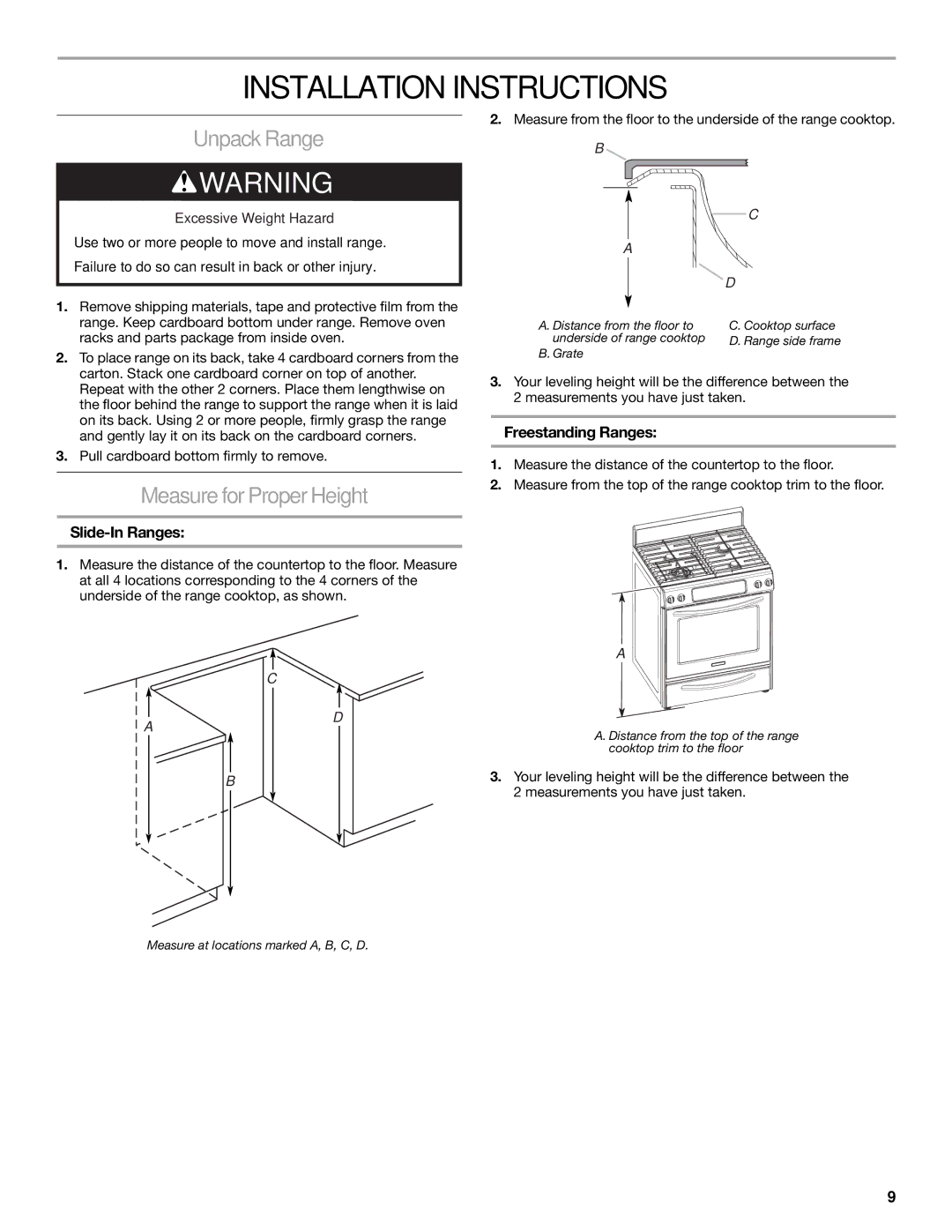 KitchenAid 2 CM), 30(76 Installation Instructions, UnpackRange, MeasureforProperHeight, Slide-In Ranges 