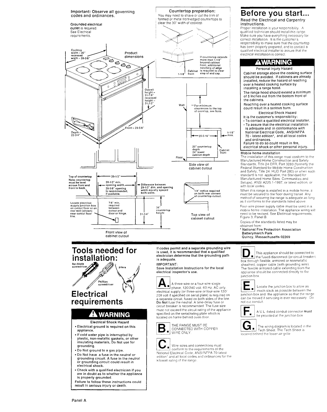 KitchenAid 3147388 installation instructions Before you start, Tools needed for installation, Electrical requirements 