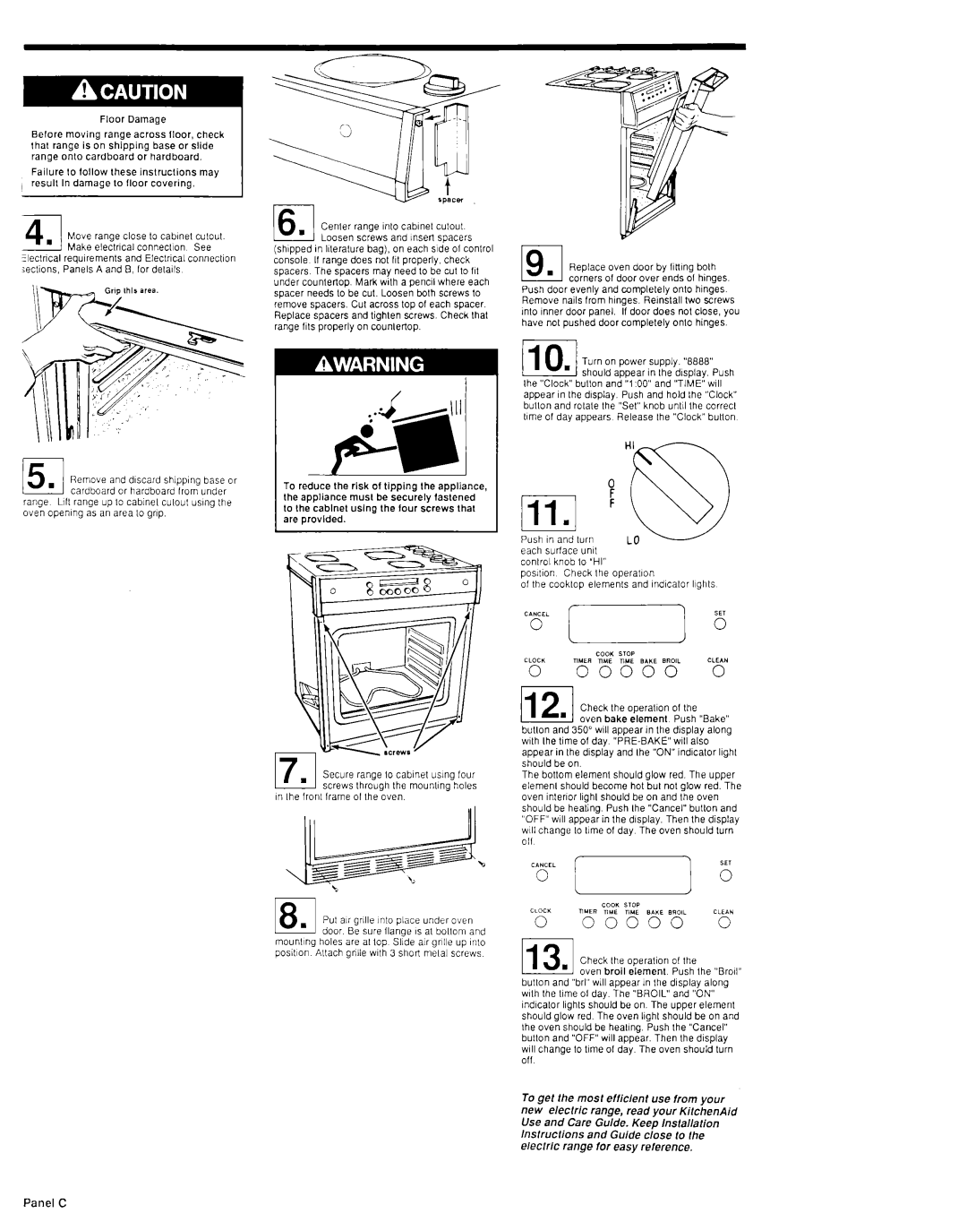 KitchenAid 3147388 installation instructions Panel C, Cenler range lnlo cablnel culoul, Tn Ihe fronl lrame 01 Ihe oven 