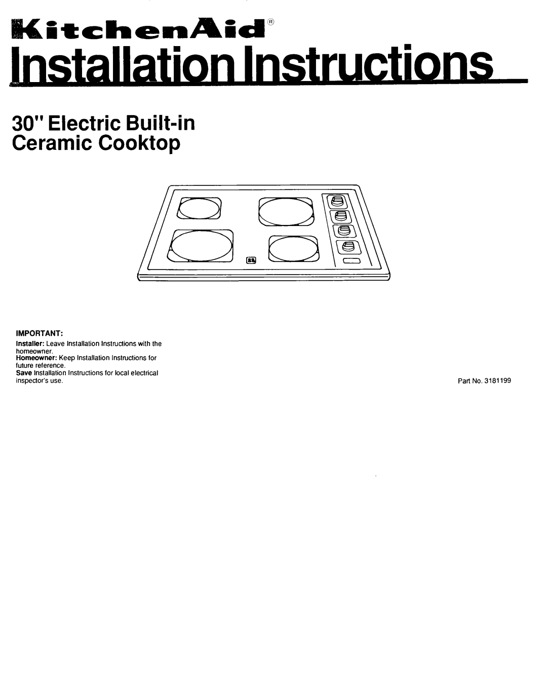 KitchenAid 3181199 installation instructions Electric Built-in Ceramic Cooktop 