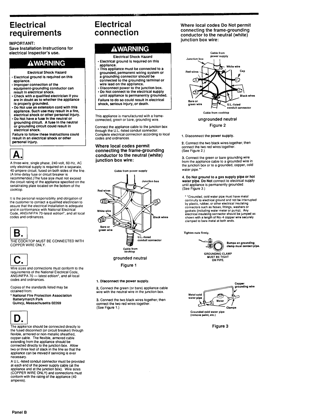 KitchenAid 3181199 installation instructions IAl, Electrical connection, Ungrounded neutral, Panel 