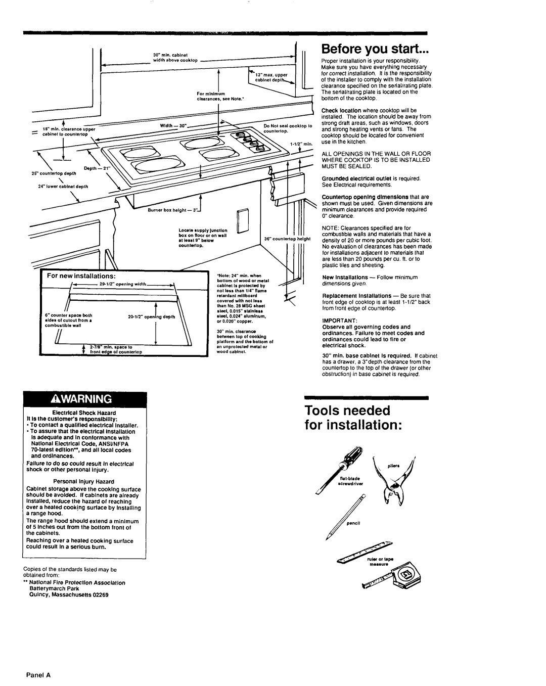 KitchenAid 3181199 Before you start, Tools needed for installation, For new Installations, Panel A 