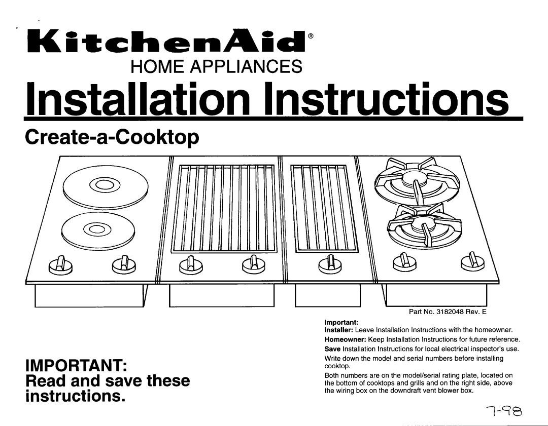 KitchenAid 3182048 installation instructions Create-a-Cooktop, Read and save these instructions 