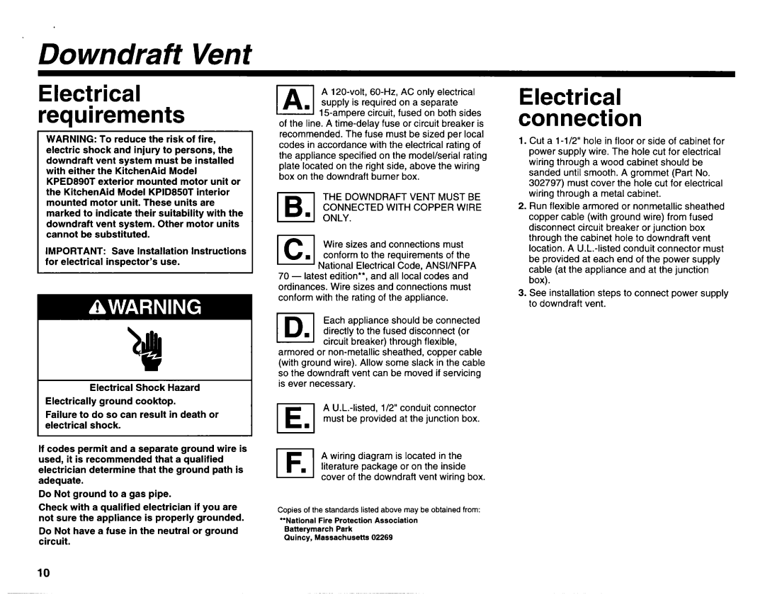 KitchenAid 3182048 installation instructions Downdraft Vent Must be Connected with Copper Wire 