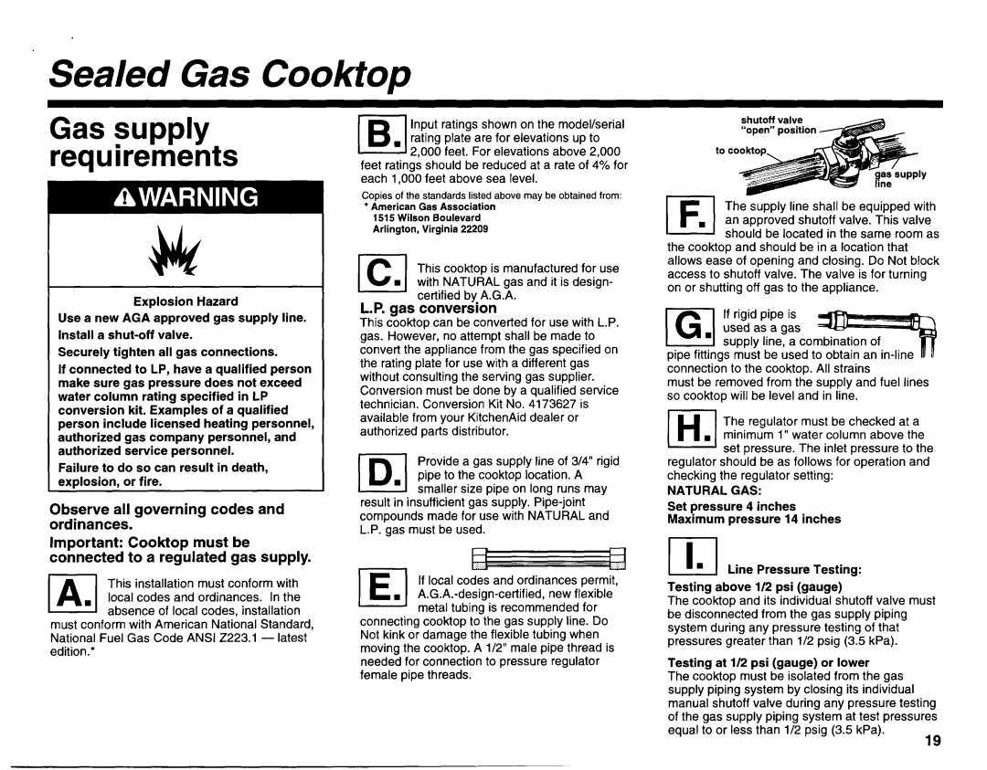 KitchenAid 3182048 installation instructions Sealed Gas Cooktop, Gas supply requirements, Gas conversion 