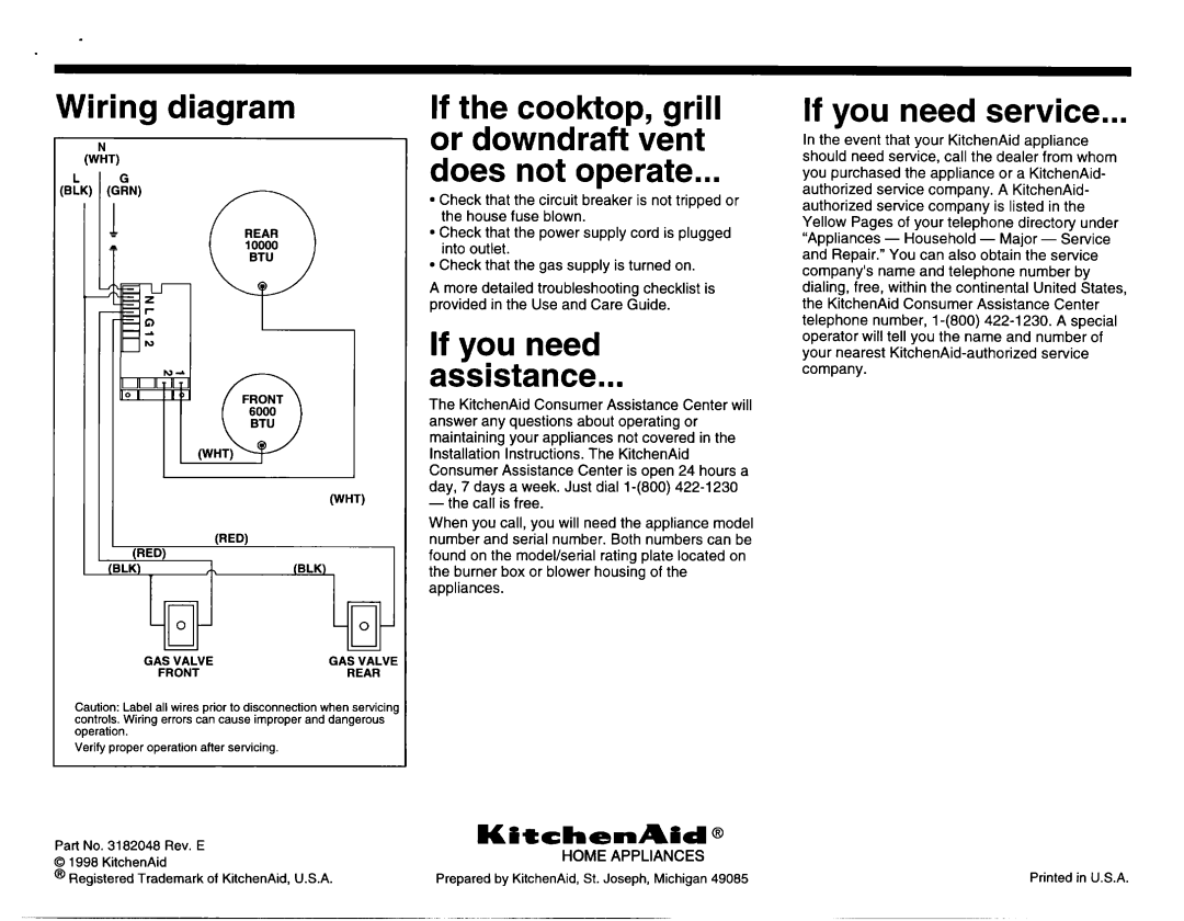 KitchenAid 3182048 Wiring diagram, If the cooktop, grill or downdraft vent does not operate, If you need Assistance 