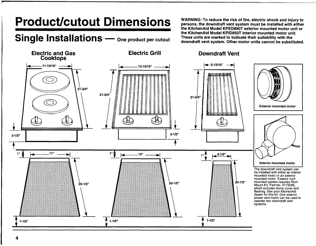 KitchenAid 3182048 Product/cutout, Single Installations, Electric and Gas, Cooktops, Downdraft Vent 