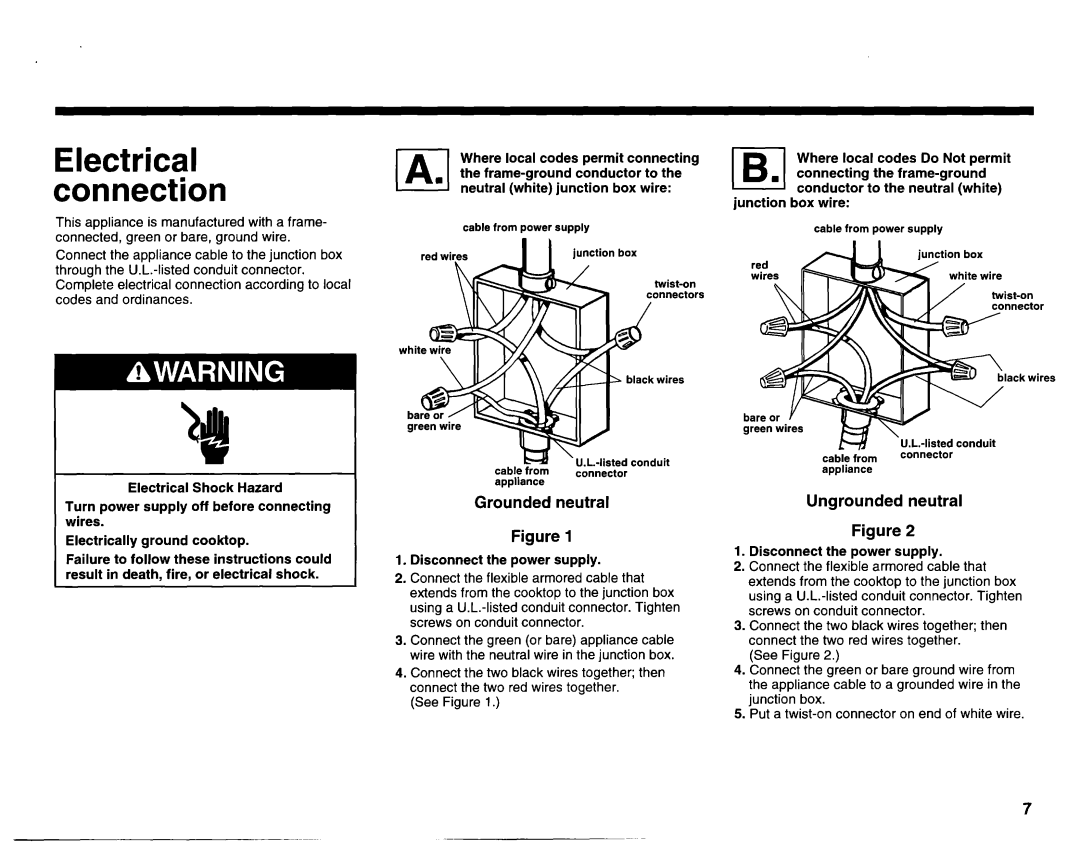 KitchenAid 3182048 installation instructions Electrical connection, Grounded neutral, Ungrounded neutral 