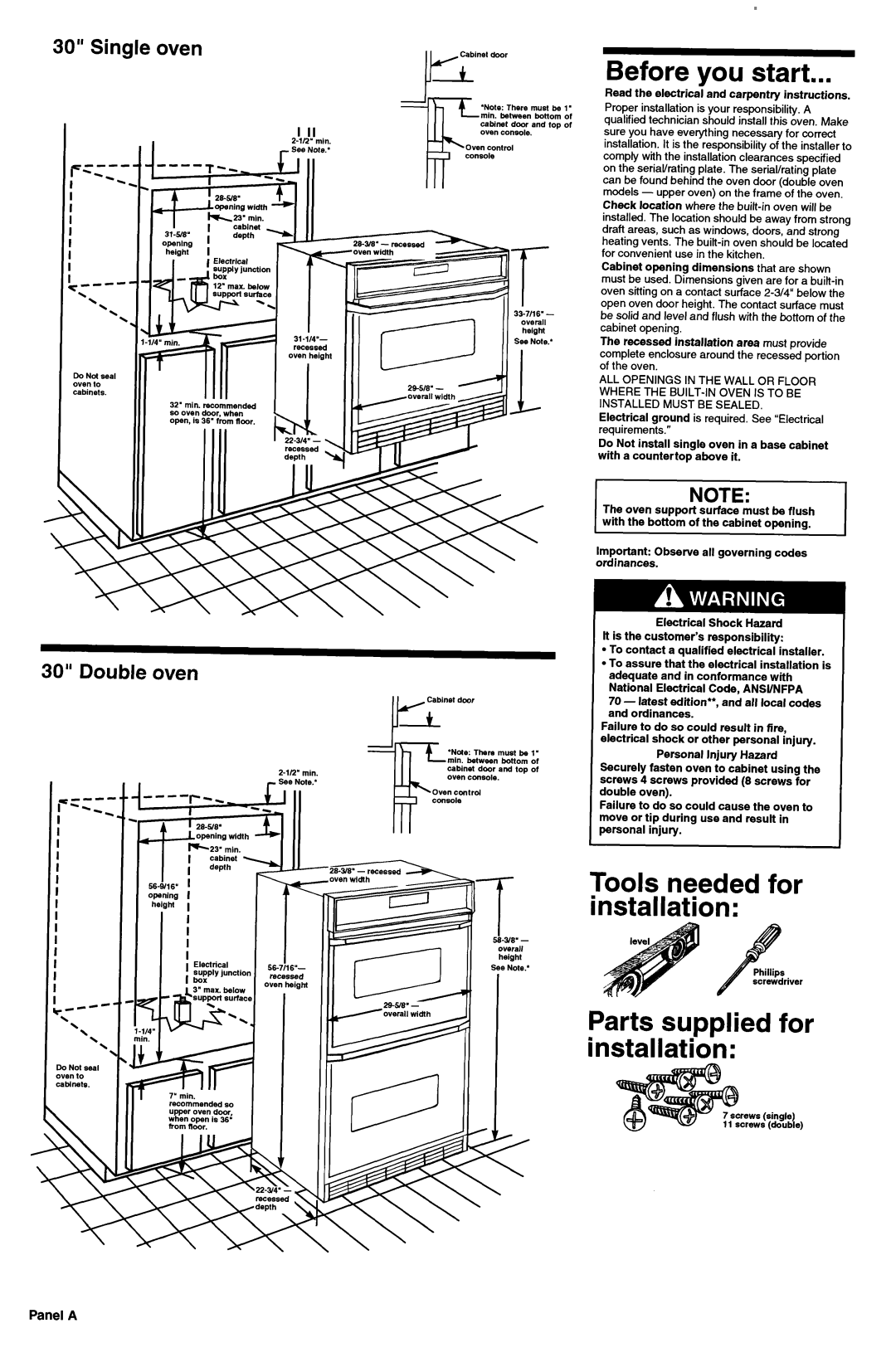 KitchenAid 3182137 Before you start, Tools needed for installation, Darts supplied for nstallation, Panel a 