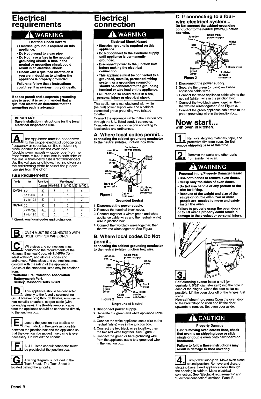 KitchenAid 3182137 installation instructions Now start, With oven in kitchen, Fuse Requirements, Panel B 