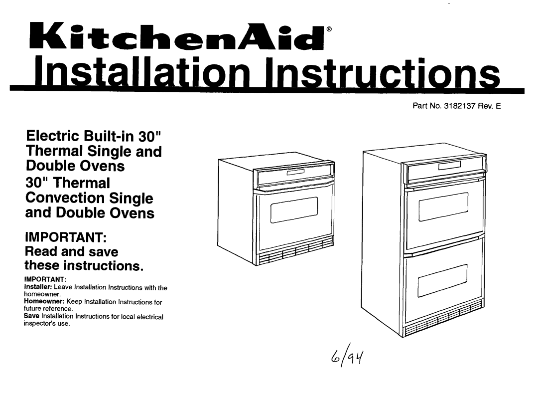 KitchenAid 3182137 installation instructions Electric Built-in 30” Thermal Single and Double Ovens 30” Thermal 