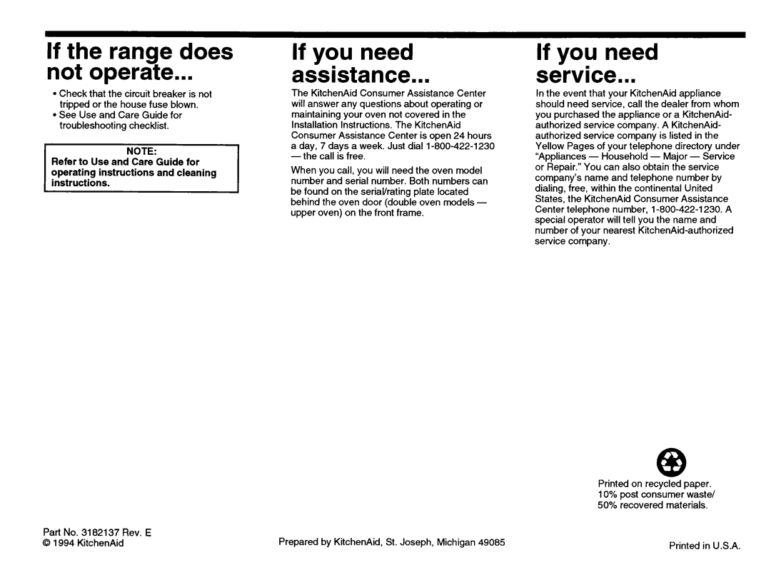 KitchenAid 3182137 installation instructions If the range does not operate, If you need assistance, If you need service 