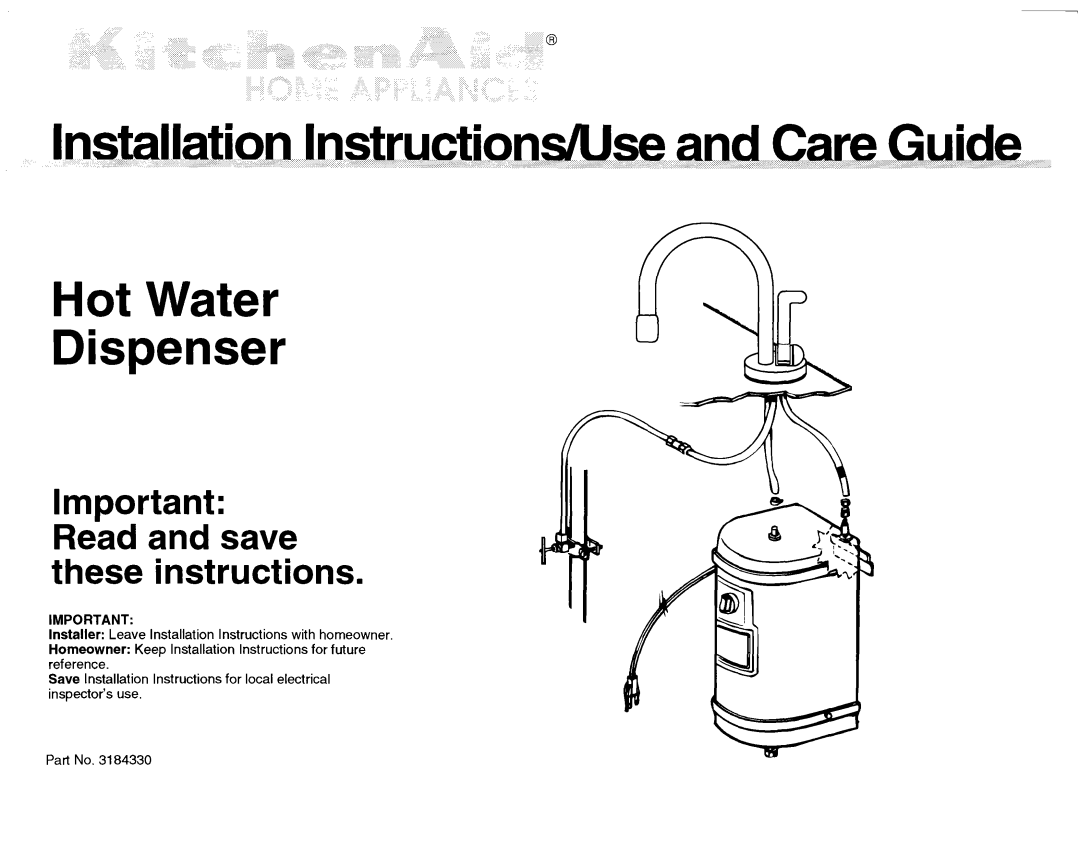 KitchenAid 3184330 installation instructions Important Read and save these instructions 