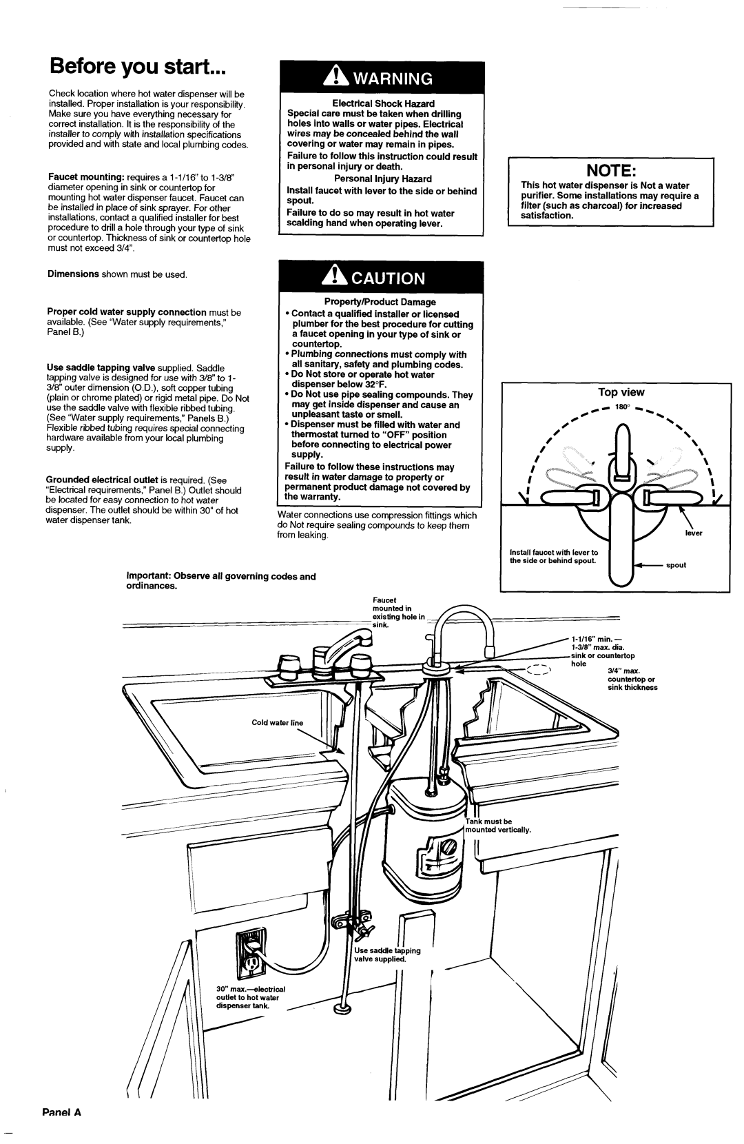 KitchenAid 3184330 installation instructions Before you start, Top view, Panel A 