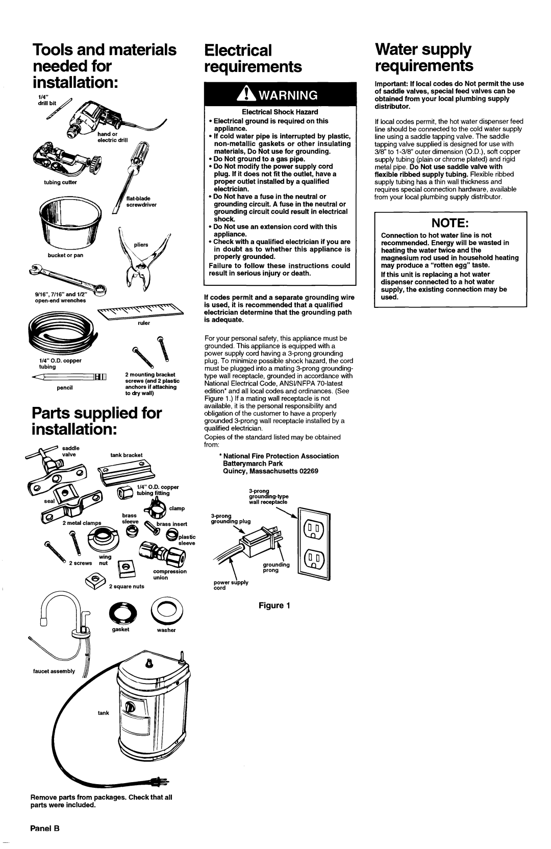 KitchenAid 3184330 Tools and materials needed for installation, Parts supplied for installation, Panel B 