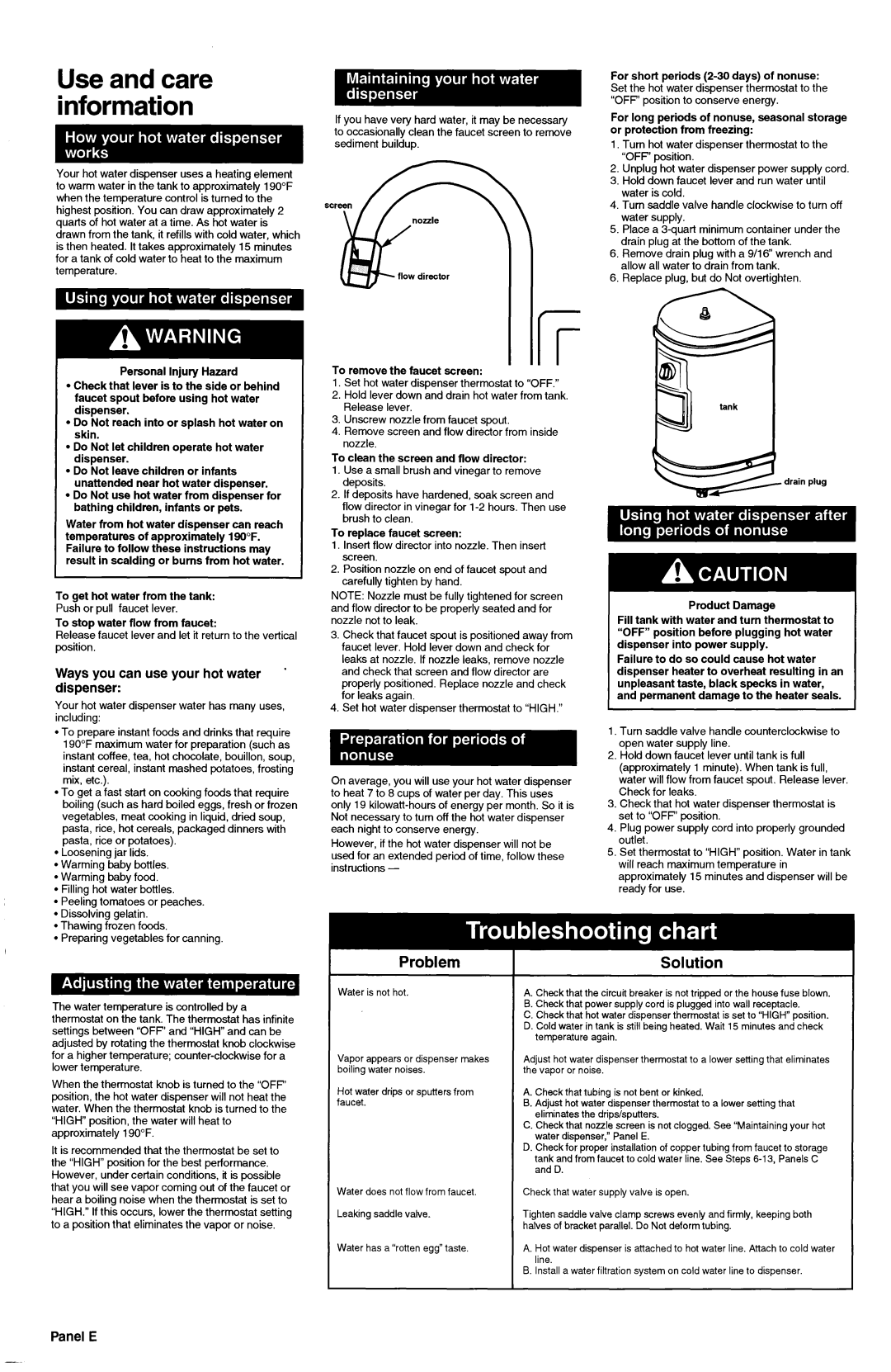 KitchenAid 3184330 Ways you can use your hot water ’ dispenser, Panel E, Use and care information, Problem, Solution 