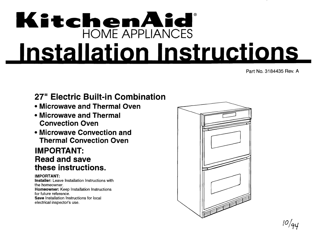 KitchenAid 3184435 REV. A installation instructions KEtchenAtd, Electric Built-in Combination 