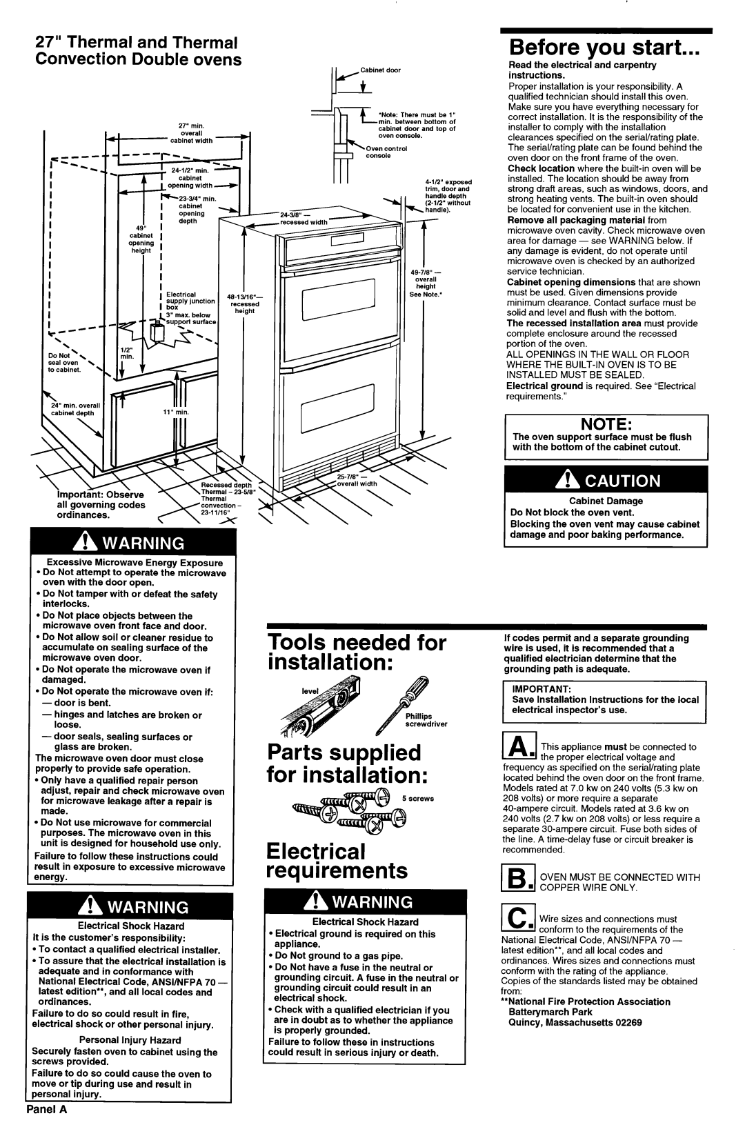 KitchenAid 3184435 REV. A Before you start, Tools needed for installation, ‘arts supplied ‘or installation, Panel a 