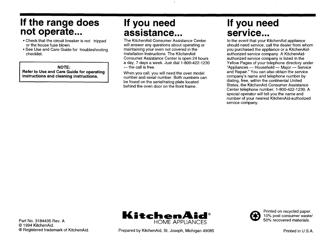 KitchenAid 3184435 REV. A installation instructions Range Does If you Need Not Operate Assistance, If you need Service 