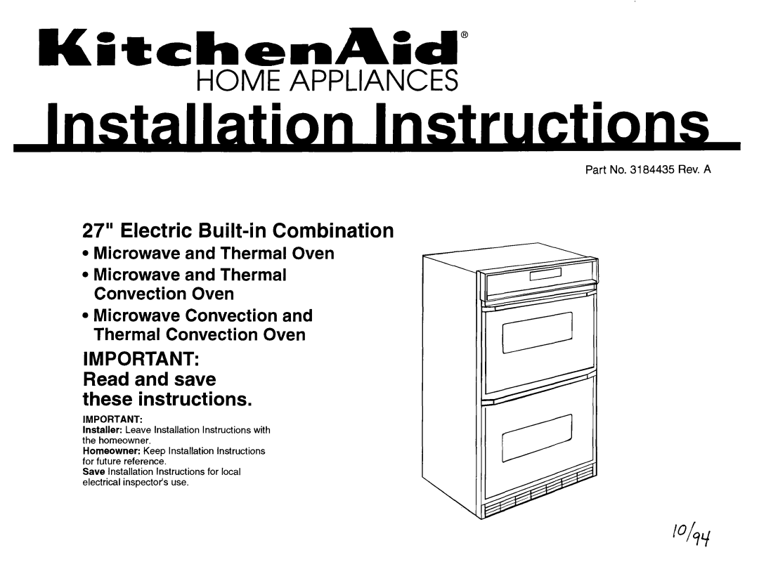 KitchenAid 3184435 REV. A installation instructions 27” Electric Built-in Combination, Part No. 3184435 Rev. A 