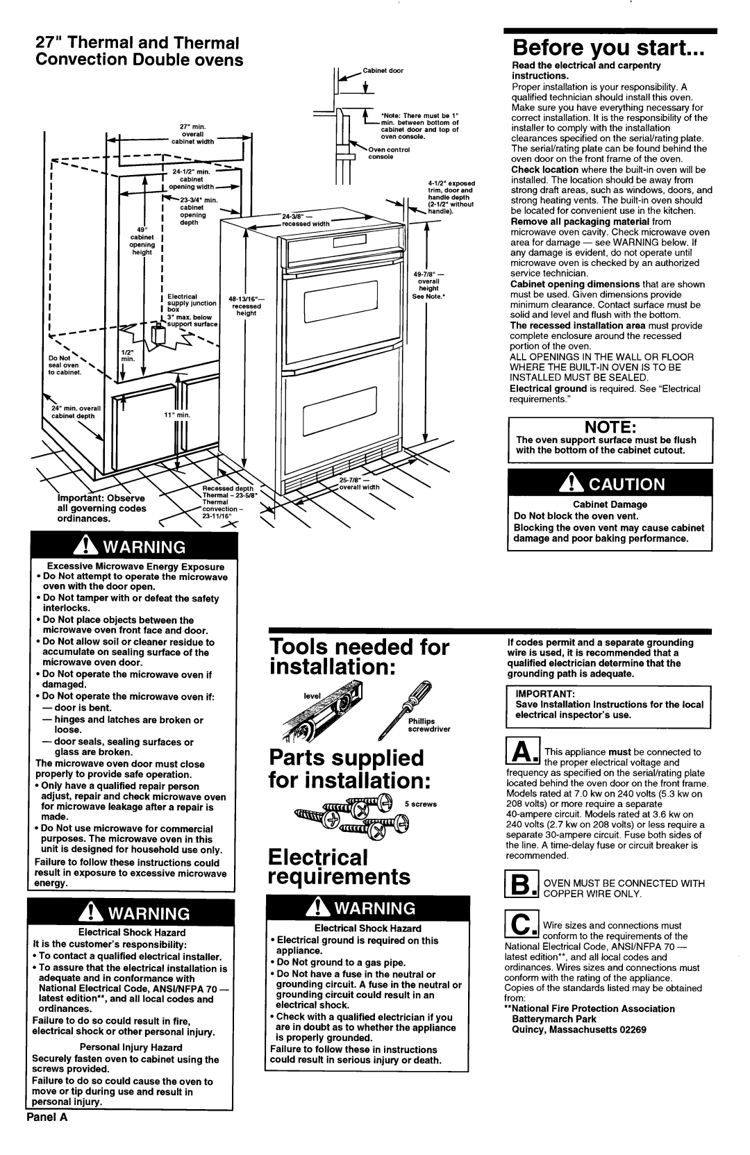 KitchenAid 3184435 REV. A Before you start, Tools needed for installation, ‘arts supplied ‘or installation, I Note 