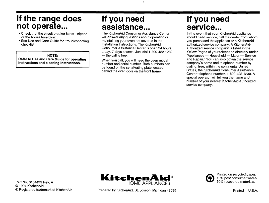 KitchenAid 3184435 REV. A If the, range, does, operate, assistance, If you need service, Home Appliances 