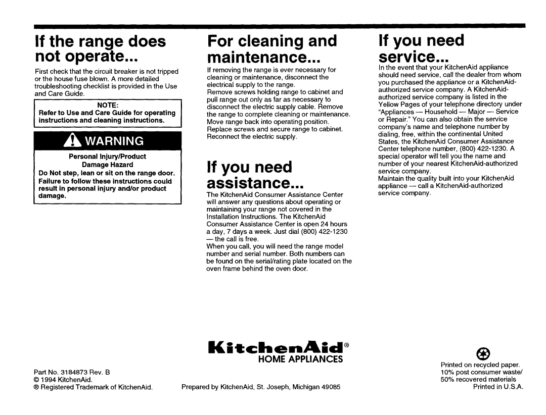 KitchenAid 3184873 KitchenACd, If the range does Not operate, For cleaning Maintenance, If you need Assistance 