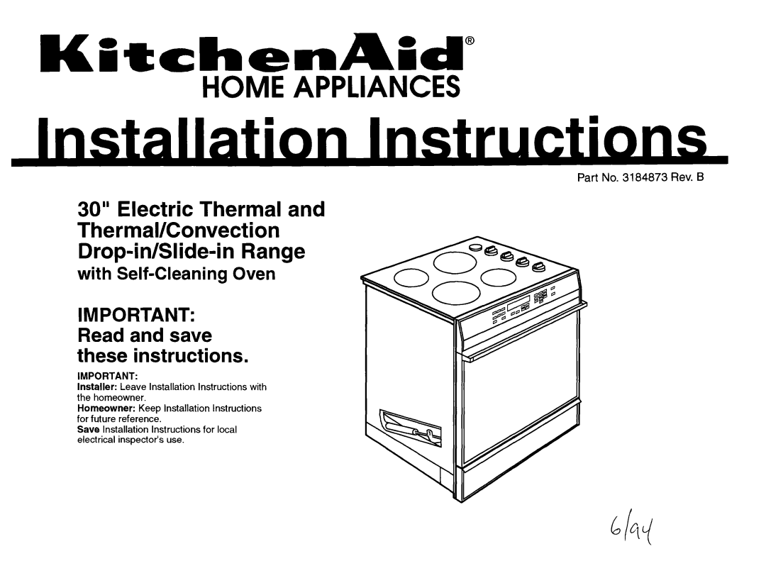 KitchenAid installation instructions with Self-Cleaning Oven, Part No. 3184873 Rev. B, Home Appliances 