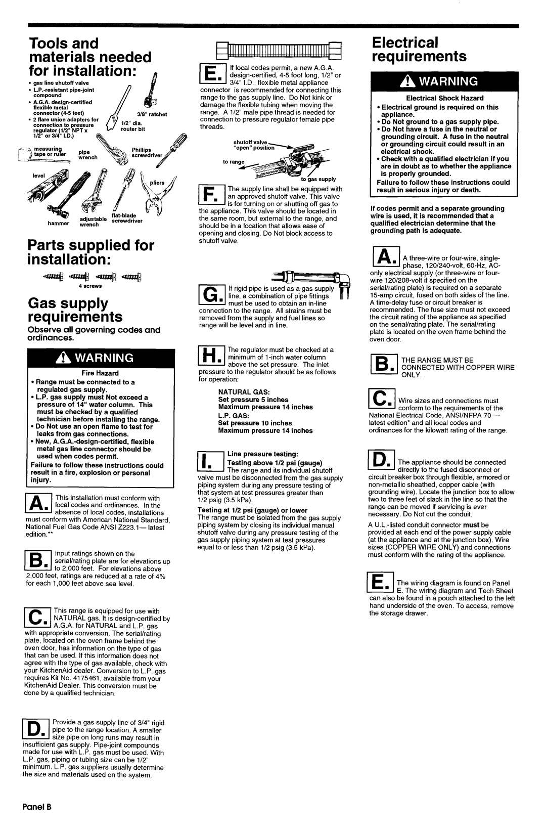 KitchenAid 3186508 Parts supplied for installation +-Jem, Gas supply requirements, Electrical requirements, Panel B 