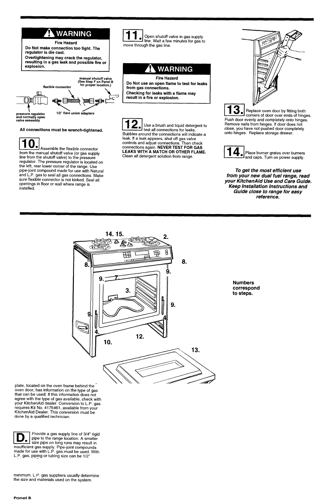 KitchenAid 3186508 installation instructions Panel D, All connections must be wrench-tightened 