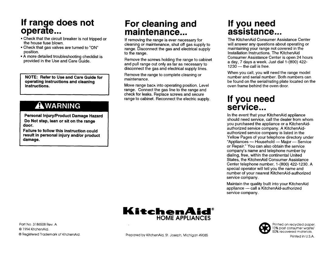 KitchenAid 3186508 If range does not Operate, For cleaning Maintenance, If you need Assistance, If you need Service 