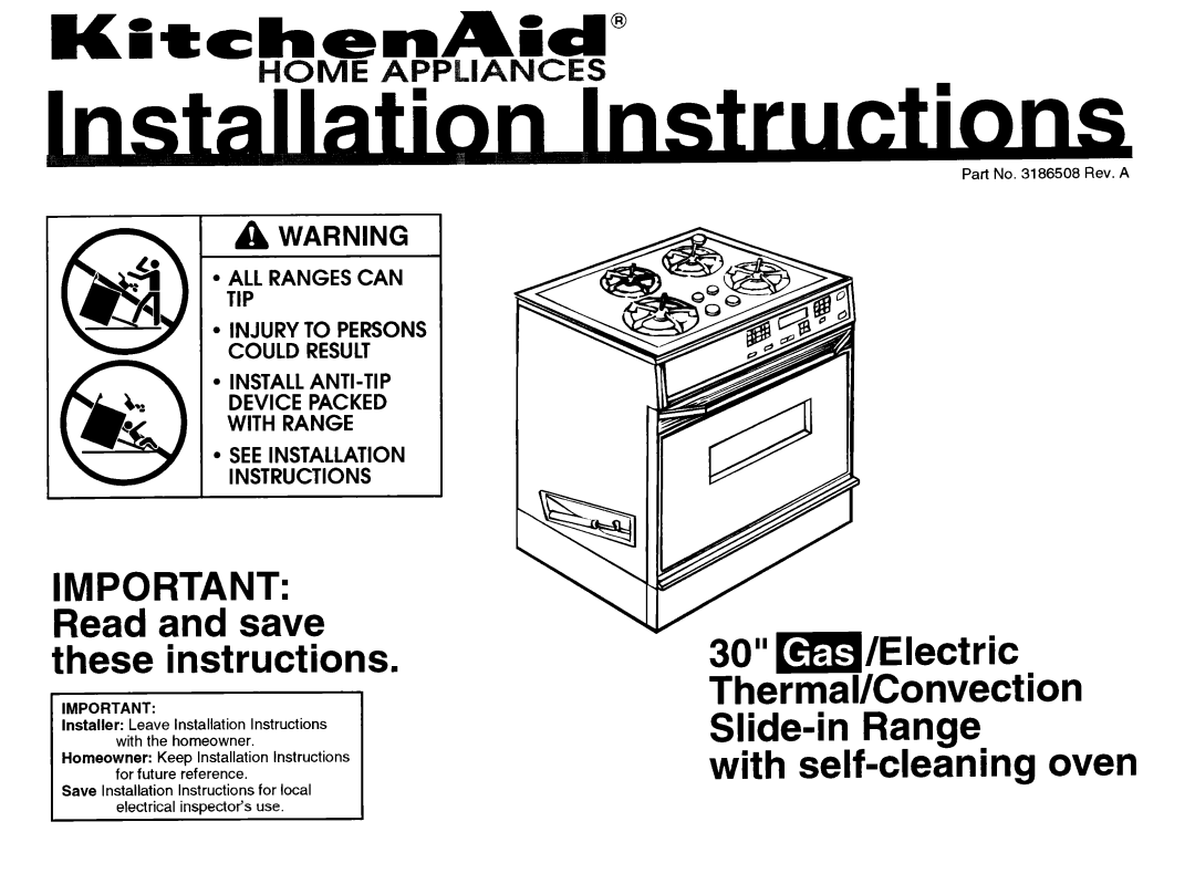 KitchenAid 3186508 installation instructions A Warning, l ALL RANGES CAN TIP, l INJURY TO PERSONS COULD RESULT 